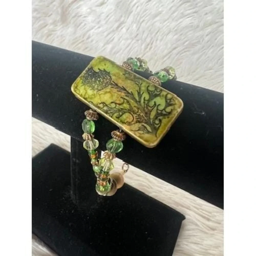 Domino Thistle Bracelet‎ Vintage Green Botanical Whimsigoth Mahjong